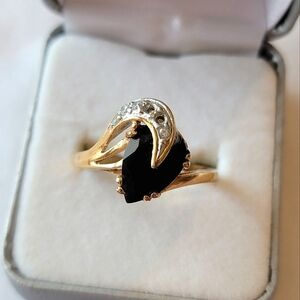 Vintage Black Onyx Gold Tone Ring Simulated Diamonds | Pear Teardrop